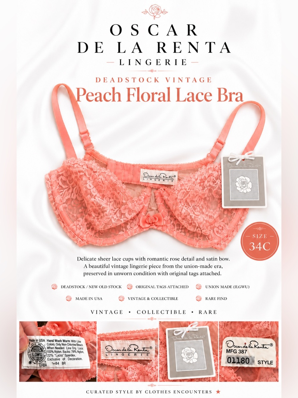 Oscar De La Renta peach bra VTG Union Label Old New Stock Dead stock RARE 34 C